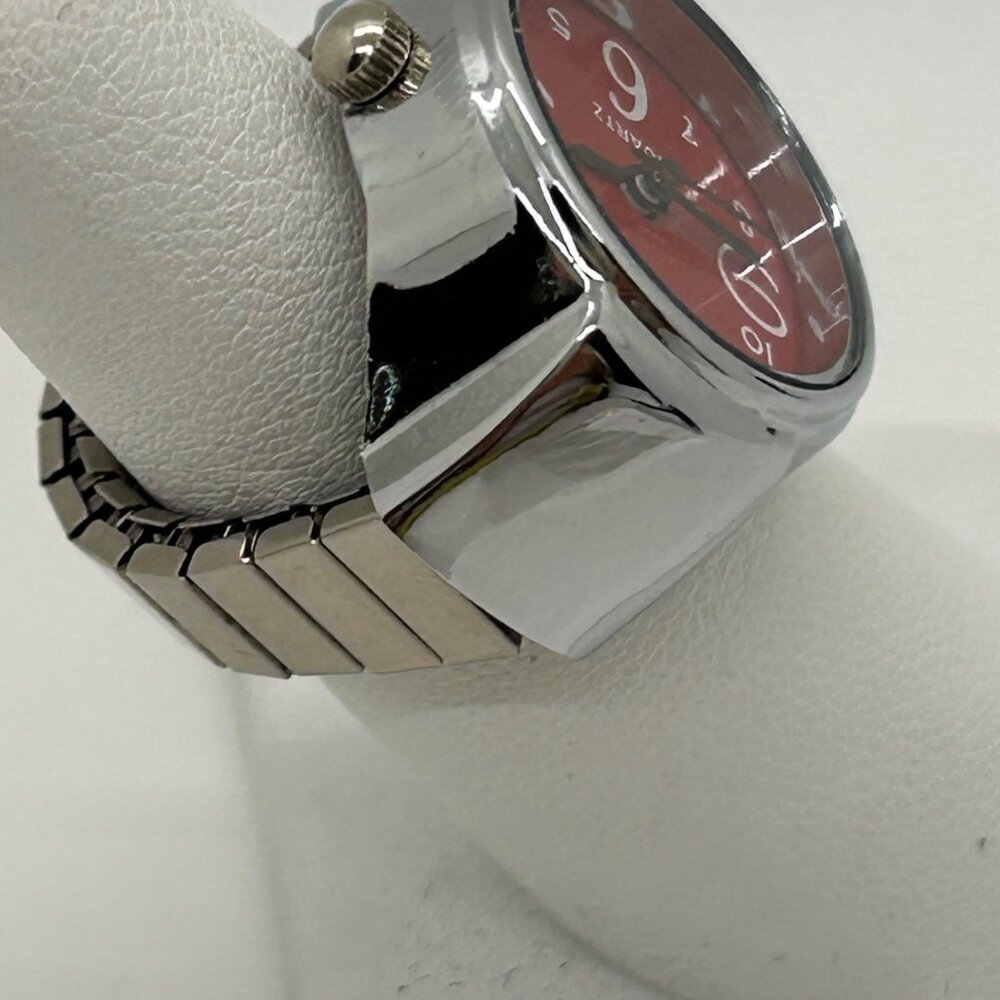 Silver-Tone Stretch Band Ring Quartz Watch With Red Face Adjustable Fit Works - Picture 6 of 10